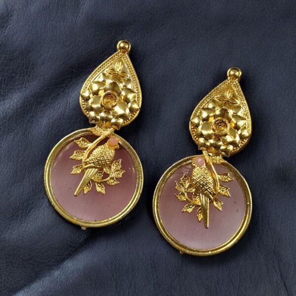 Gold Plated Floral Art Bird Stud Earrings | Monalisa Stone Ethnic Western Look Perfect Jewelry For Women - "Baby Pink"
