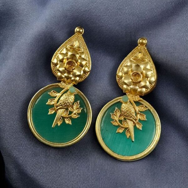 Gold Plated Floral Art Bird Stud Earrings | Monalisa Stone Ethnic Western Look Perfect Jewelry For Women - "Mint"