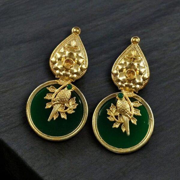 Gold Plated Floral Art Bird Stud Earrings | Monalisa Stone Ethnic Western Look Perfect Jewelry For Women - "Green"
