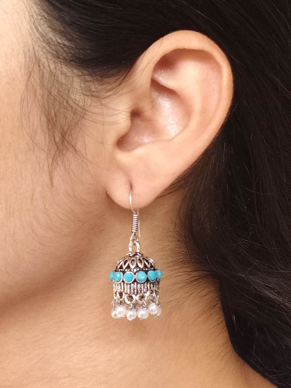 German Silver Pearl Jhumka Earrings | Stylish Stone Hook Danglers Ethnic Wear Amazing Jewelry