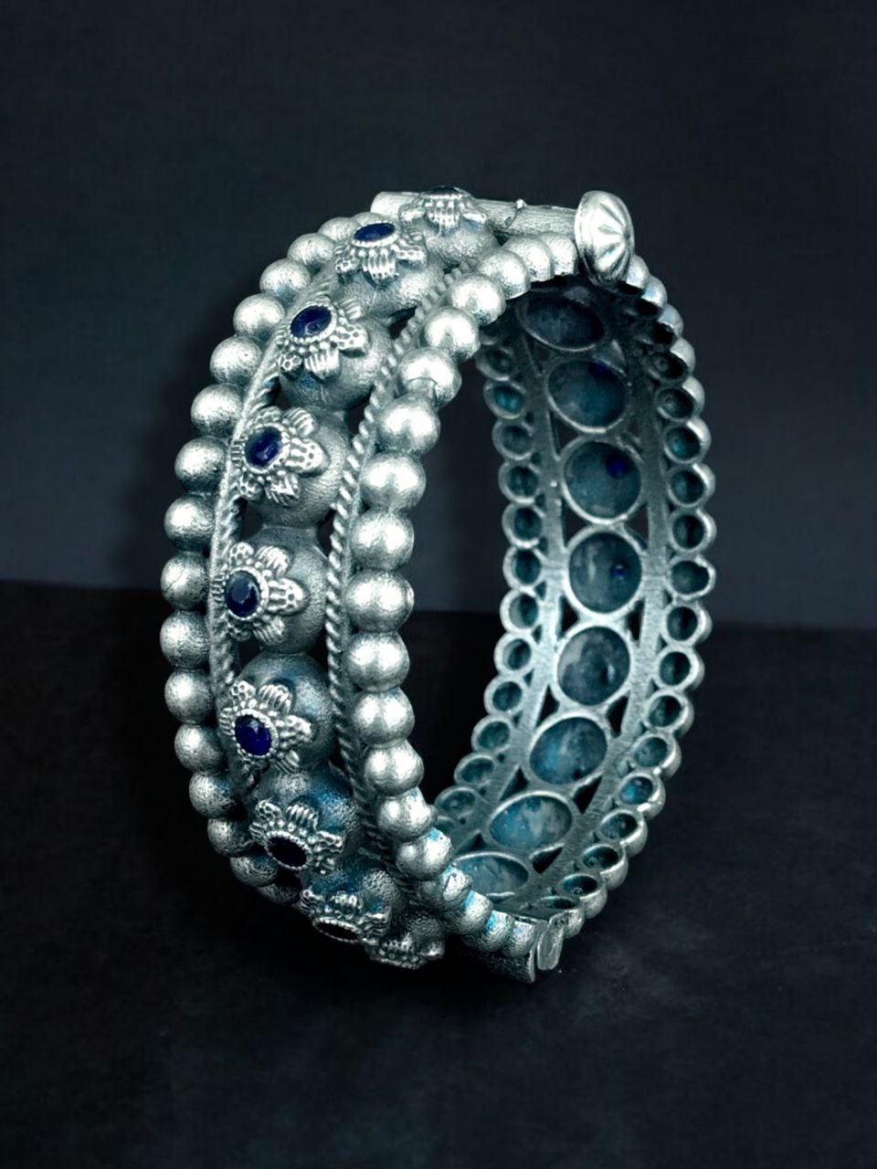 Traditional Oxidized Flower Design Bangle | Stone Work Ethnic Vintage Look Stylish Beautiful Jewelry - Image 4