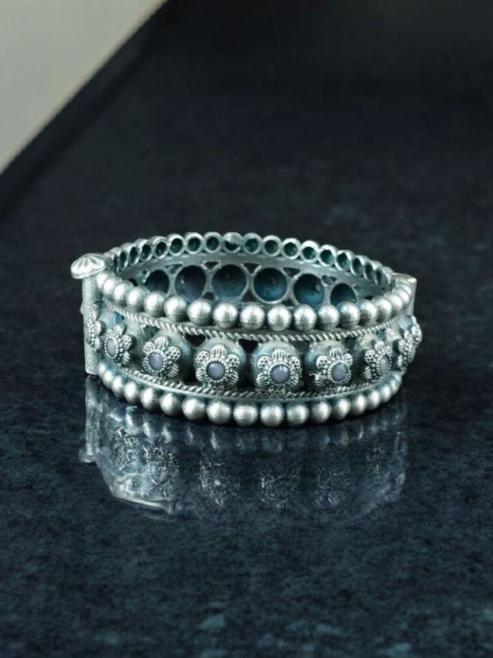 Traditional Oxidized Flower Design Bangle | Stone Work Ethnic Vintage Look Stylish Beautiful Jewelry - Image 6