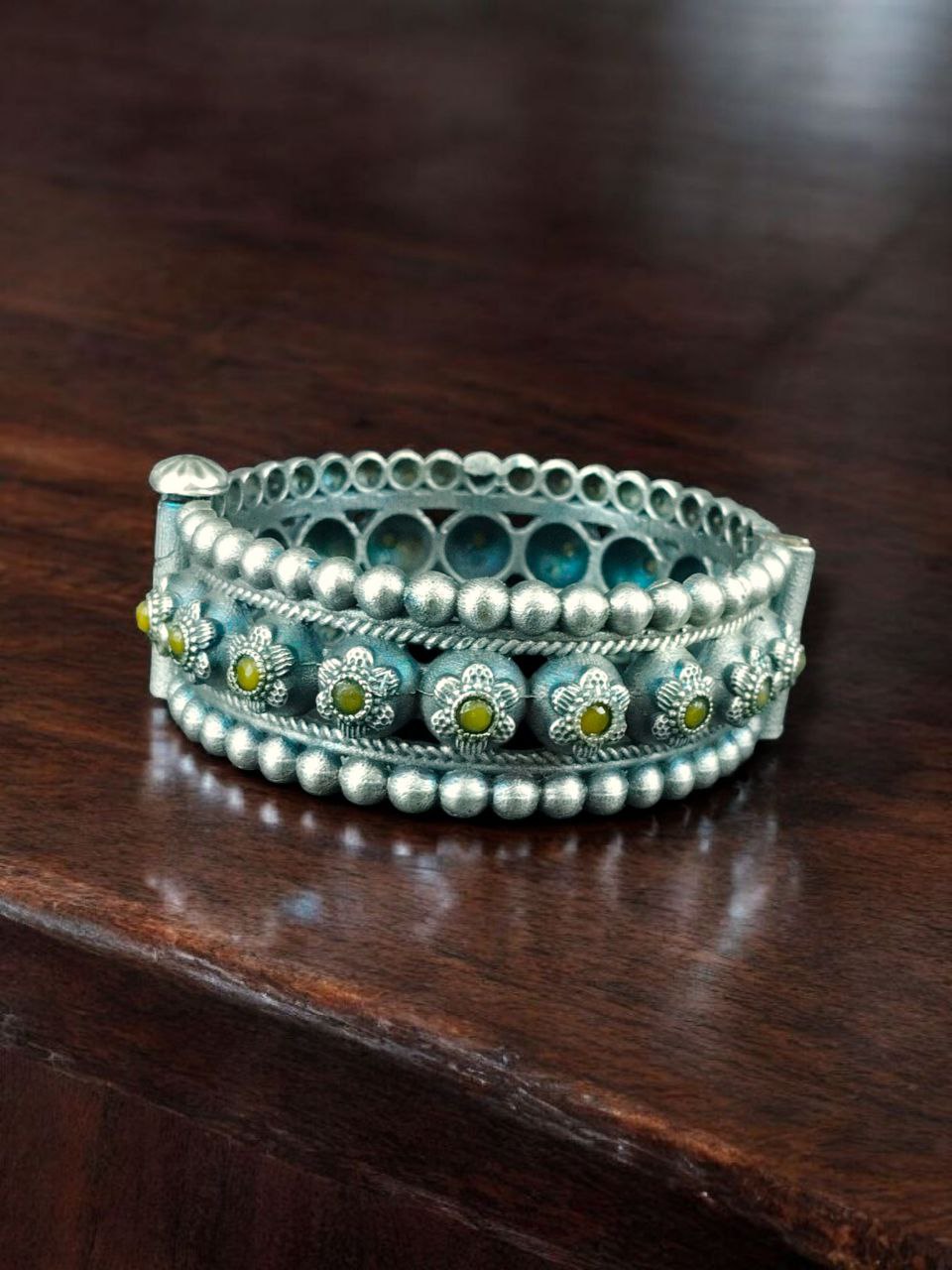 Traditional Oxidized Flower Design Bangle | Stone Work Ethnic Vintage Look Stylish Beautiful Jewelry - Image 5