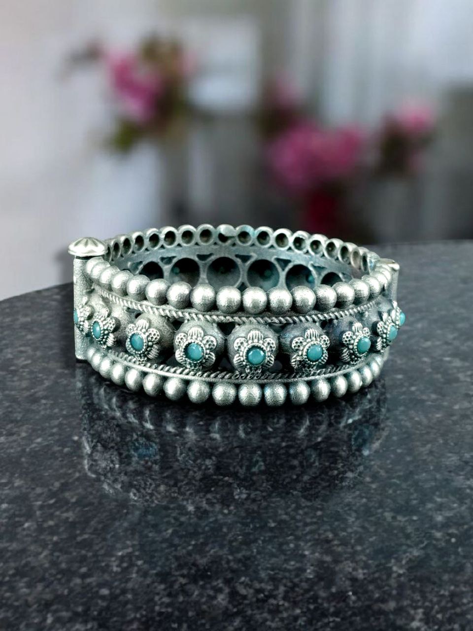 Traditional Oxidized Flower Design Bangle | Stone Work Ethnic Vintage Look Stylish Beautiful Jewelry - Image 9