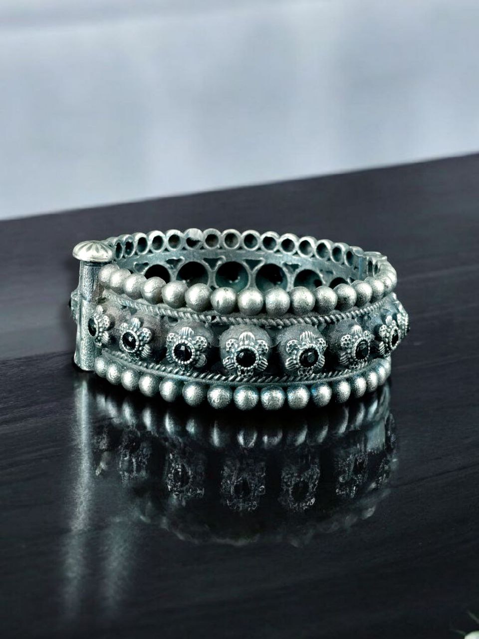 Traditional Oxidized Flower Design Bangle | Stone Work Ethnic Vintage Look Stylish Beautiful Jewelry - Image 8