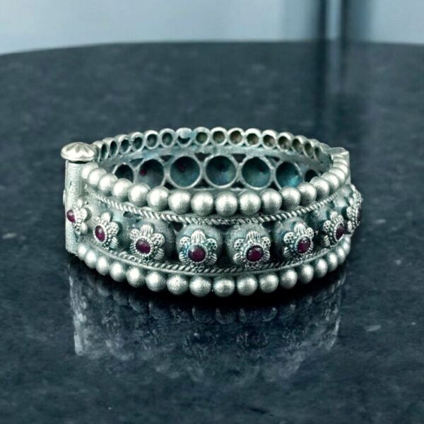 Traditional Oxidized Flower Design Bangle | Stone Work Ethnic Vintage Look Stylish Beautiful Jewelry - "Red"