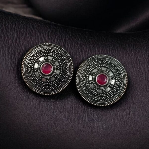 Unique Round Stud Earrings | Ethnic Silver Replica Stone Oxidized Jewelry - "Red"