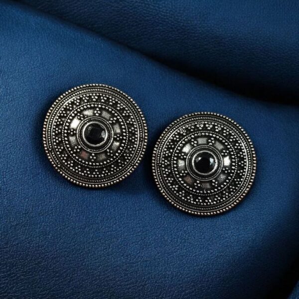 Unique Round Stud Earrings | Ethnic Silver Replica Stone Oxidized Jewelry - "Black"