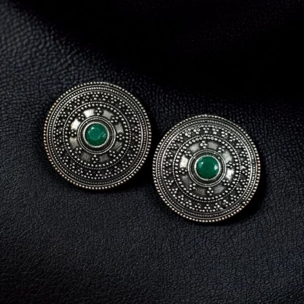 Unique Round Stud Earrings | Ethnic Silver Replica Stone Oxidized Jewelry - "Green"