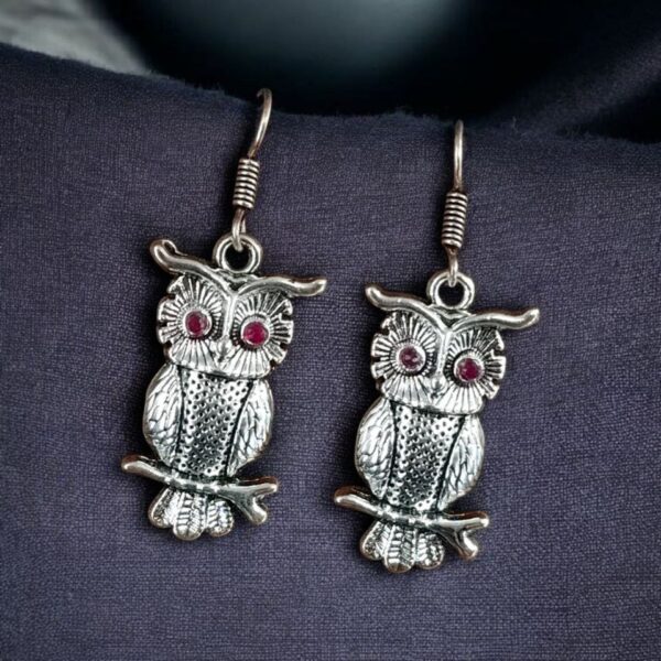 Trendy Owl Hook Earrings | German Silver Ethnic Dangler Stone Best Jewelry for Everyday Style - "Red"