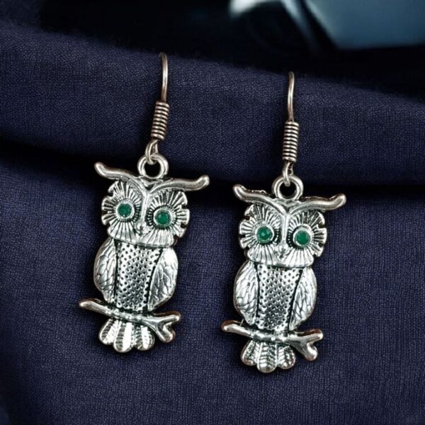 Trendy Owl Hook Earrings | German Silver Ethnic Dangler Stone Best Jewelry for Everyday Style - "Green"