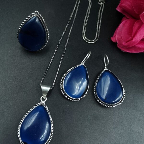Elegant Drop Stone Necklace (Combo set) | Oxidized Ethnic Chain Beautiful Jewelry for Women - "Blue"