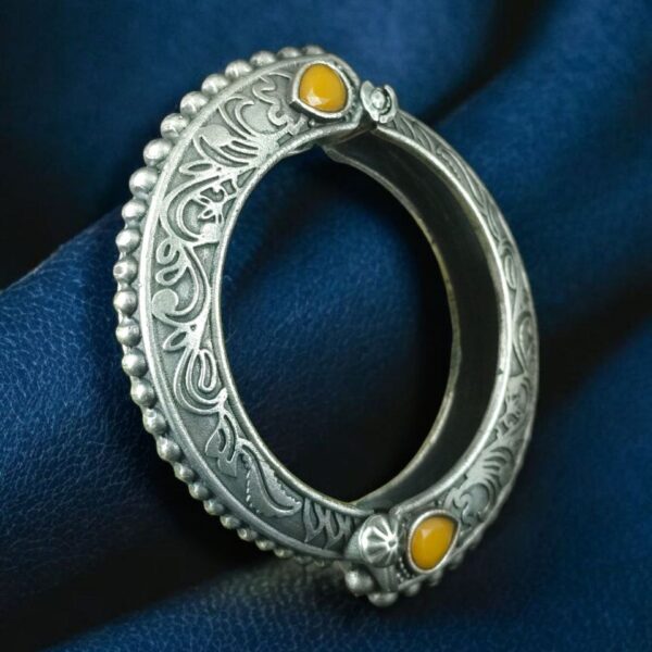 Traditional Floral Art Stone Oxidized Bangle | Silver Replica Openable Kada Ethnic Best Jewelry - "Yellow"