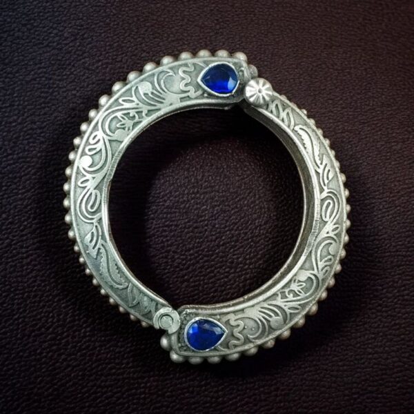 Traditional Floral Art Stone Oxidized Bangle | Silver Replica Openable Kada Ethnic Best Jewelry - "Blue"