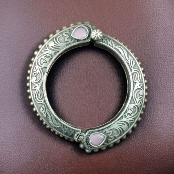 Traditional Floral Art Stone Oxidized Bangle | Silver Replica Openable Kada Ethnic Best Jewelry - "Baby Pink"