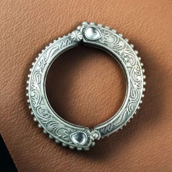Traditional Floral Art Stone Oxidized Bangle | Silver Replica Openable Kada Ethnic Best Jewelry - "White"