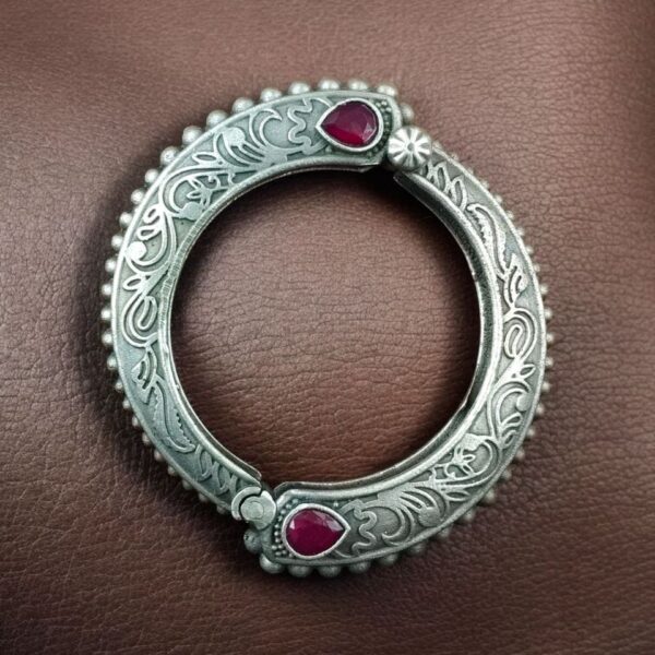 Traditional Floral Art Stone Oxidized Bangle | Silver Replica Openable Kada Ethnic Best Jewelry - "Red"