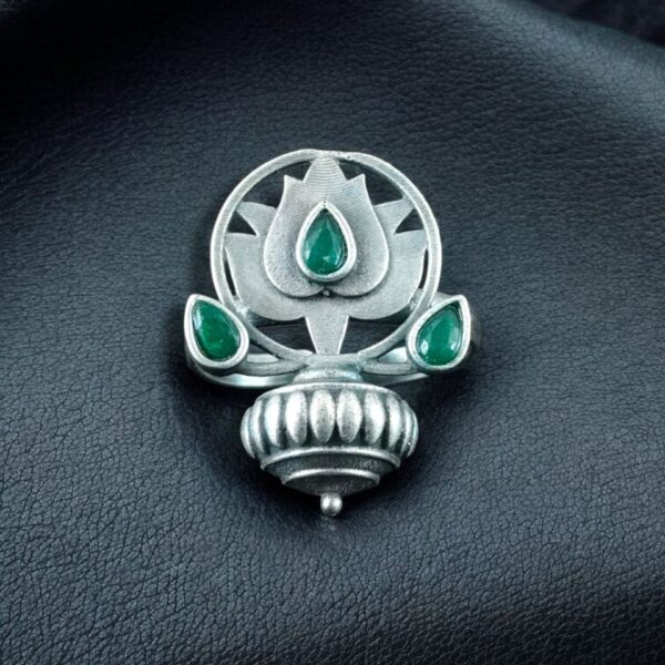 Adjustable Silver Plated Lotus Ring | Stone Ethnic Unique Jewelry for Women - "Green"