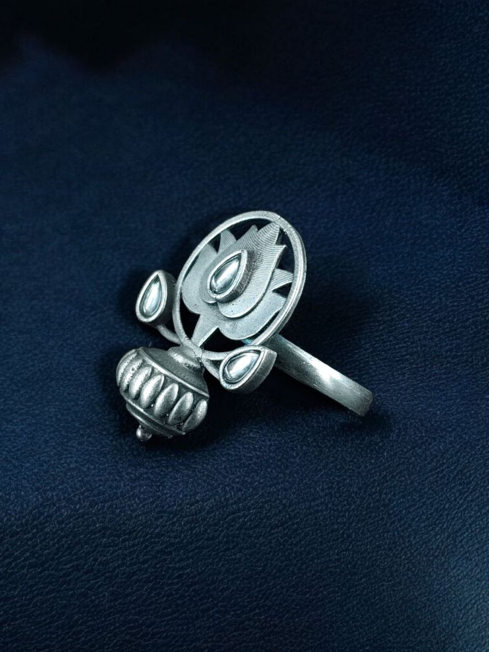 Adjustable Silver Plated Lotus Ring | Stone Ethnic Unique Jewelry for Women - Image 11