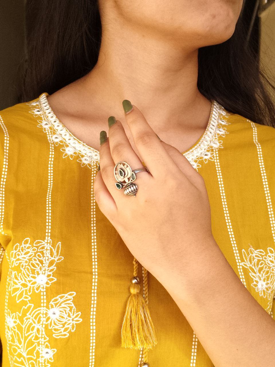 Adjustable Silver Plated Lotus Ring | Stone Ethnic Unique Jewelry for Women