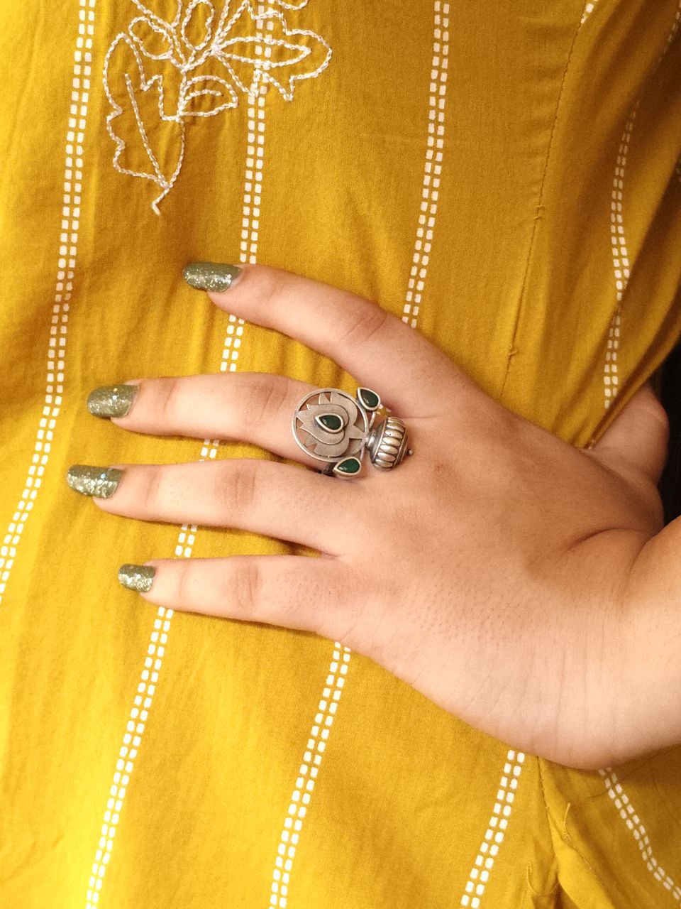 Adjustable Silver Plated Lotus Ring | Stone Ethnic Unique Jewelry for Women - Image 7