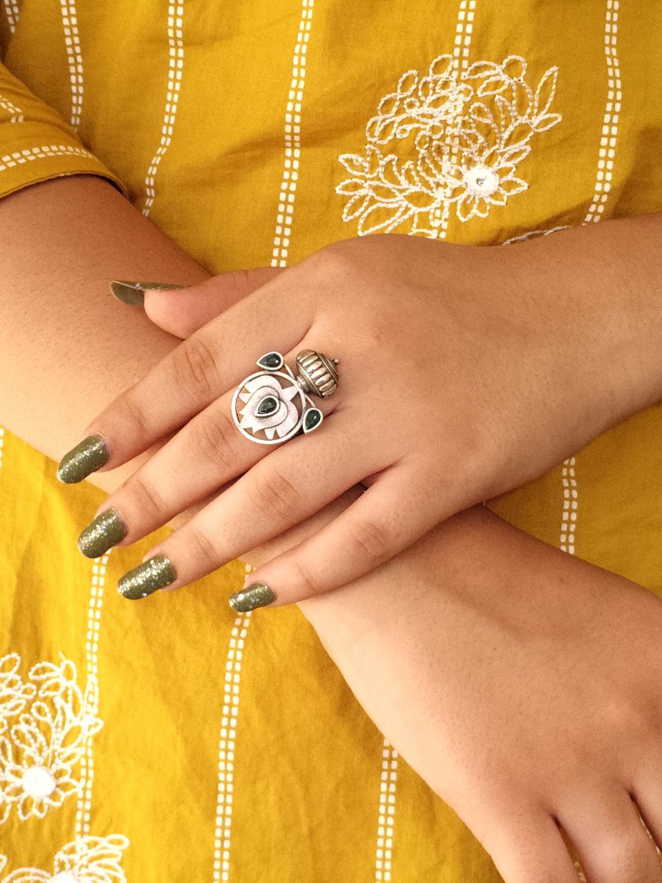 Adjustable Silver Plated Lotus Ring | Stone Ethnic Unique Jewelry for Women - Image 2