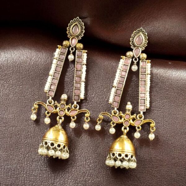 Traditional Long Two-Tone Jhumki Earrings | Pearl & Stone Work Dangler Amazing Jewelry for Women - "Baby Pink"