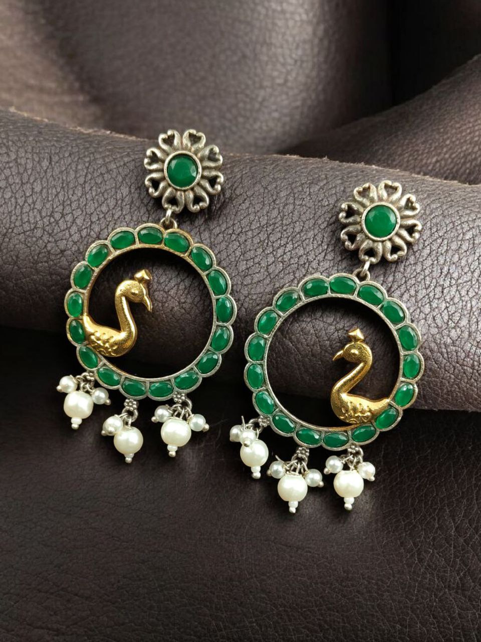Traditional Two-Tone Bird Earrings | Circle Dangler Ethnic Jewelry with Stone & Pearl Work Perfect Gift For Her - Image 8