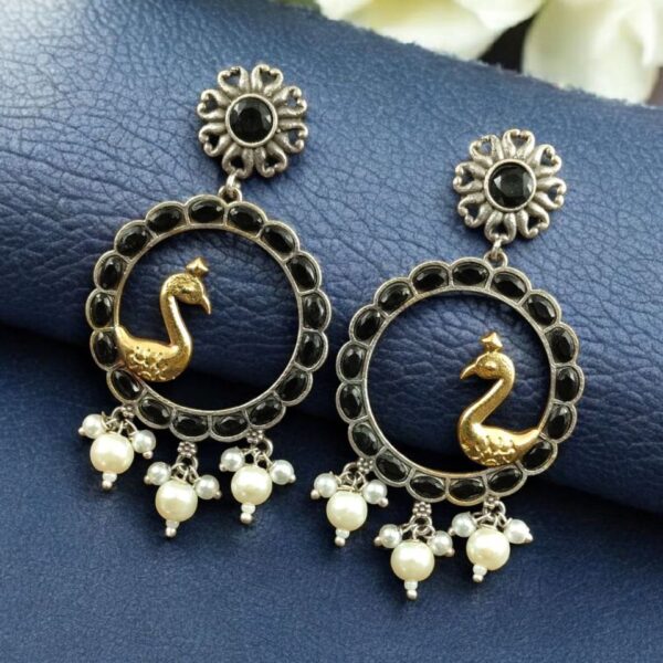 Traditional Two-Tone Bird Earrings | Circle Dangler Ethnic Jewelry with Stone & Pearl Work Perfect Gift For Her - "Black"