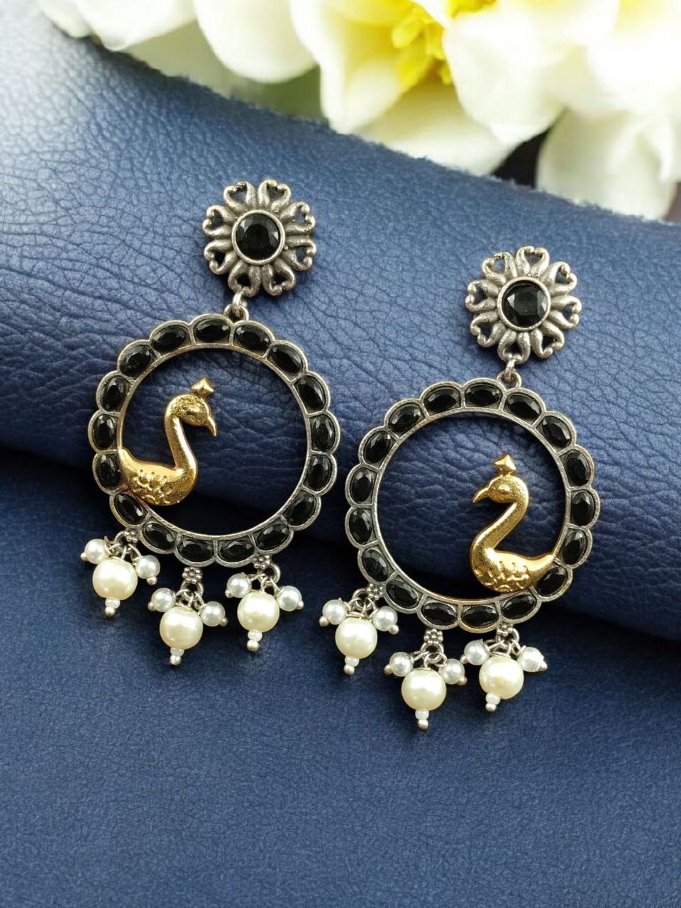 Traditional Two-Tone Bird Earrings | Circle Dangler Ethnic Jewelry with Stone & Pearl Work Perfect Gift For Her - Image 6