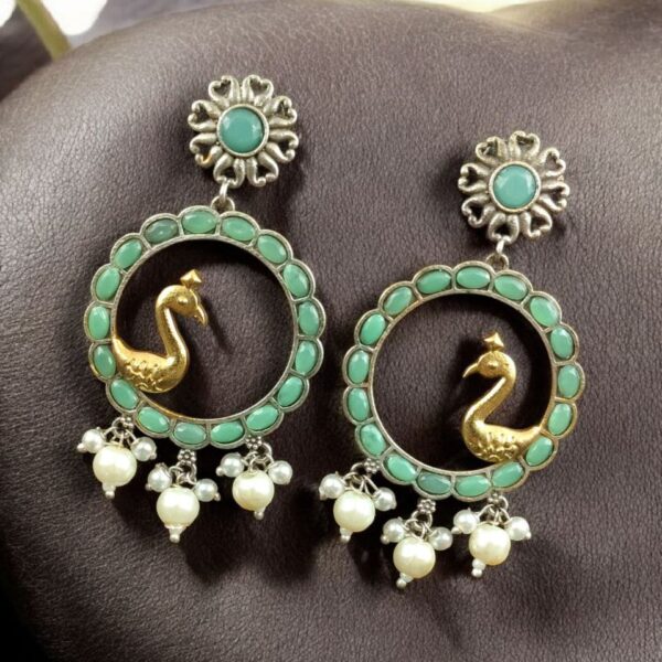 Traditional Two-Tone Bird Earrings | Circle Dangler Ethnic Jewelry with Stone & Pearl Work Perfect Gift For Her - "Mint"