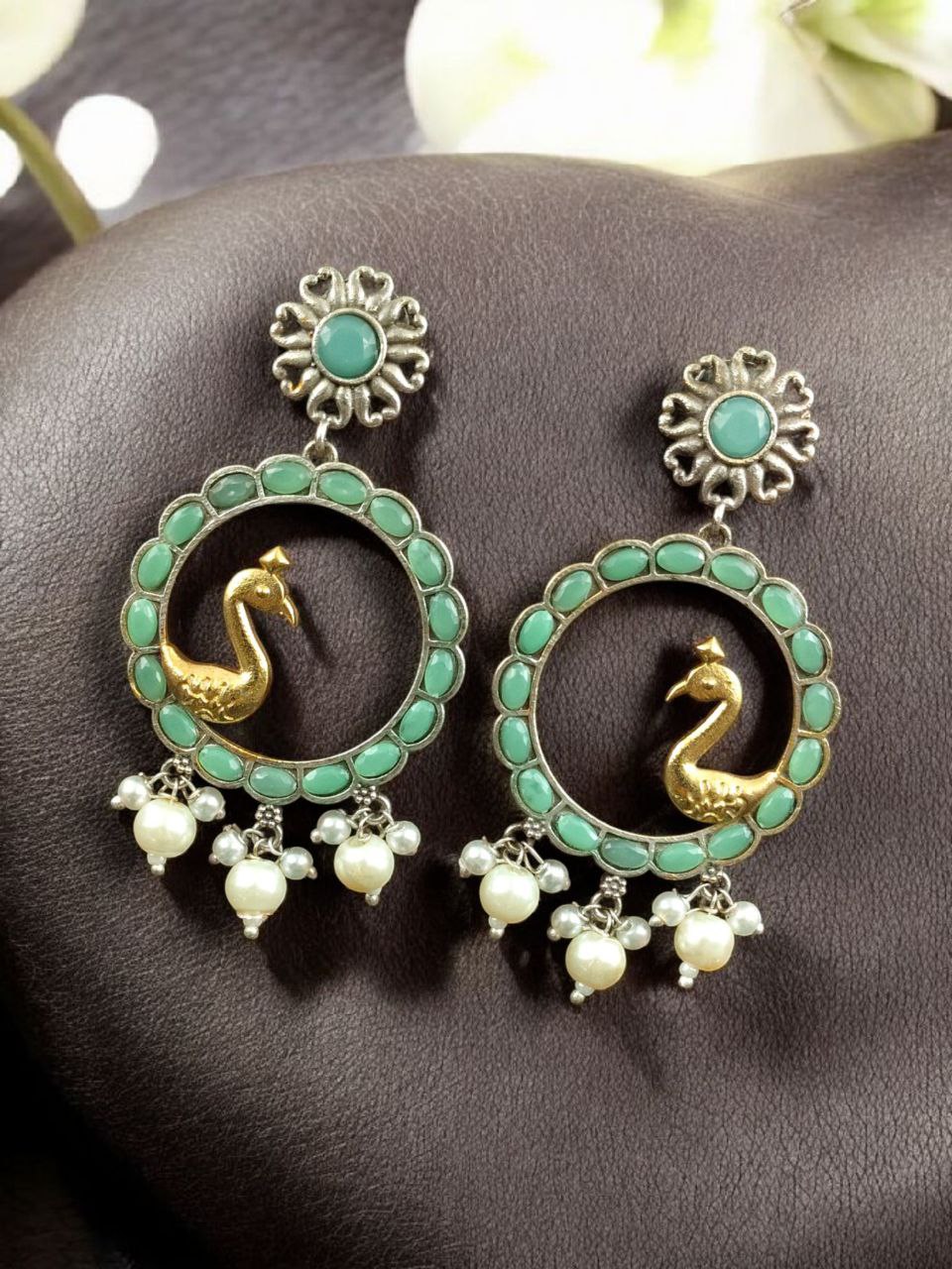Traditional Two-Tone Bird Earrings | Circle Dangler Ethnic Jewelry with Stone & Pearl Work Perfect Gift For Her - Image 7
