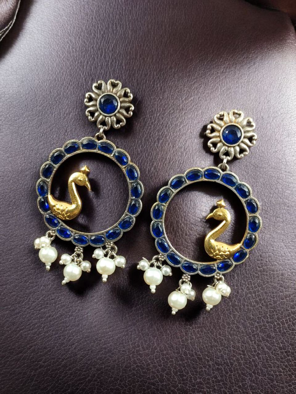 Traditional Two-Tone Bird Earrings | Circle Dangler Ethnic Jewelry with Stone & Pearl Work Perfect Gift For Her - Image 4