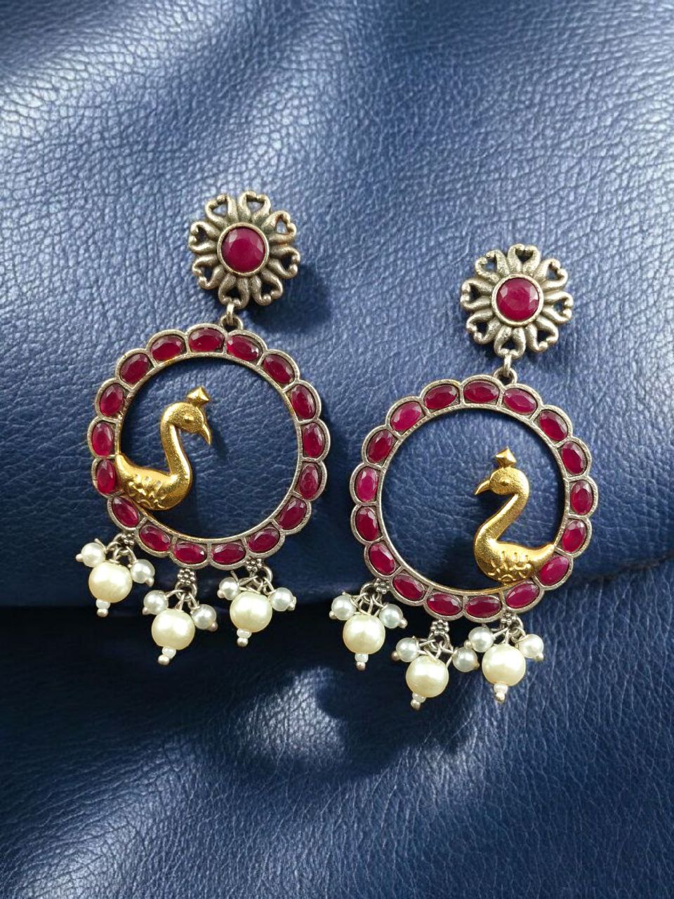 Traditional Two-Tone Bird Earrings | Circle Dangler Ethnic Jewelry with Stone & Pearl Work Perfect Gift For Her - Image 3