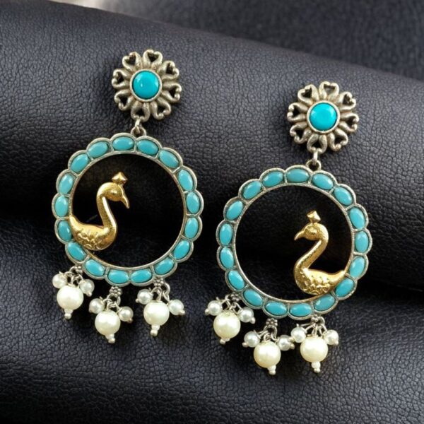 Traditional Two-Tone Bird Earrings | Circle Dangler Ethnic Jewelry with Stone & Pearl Work Perfect Gift For Her - "Aqua"