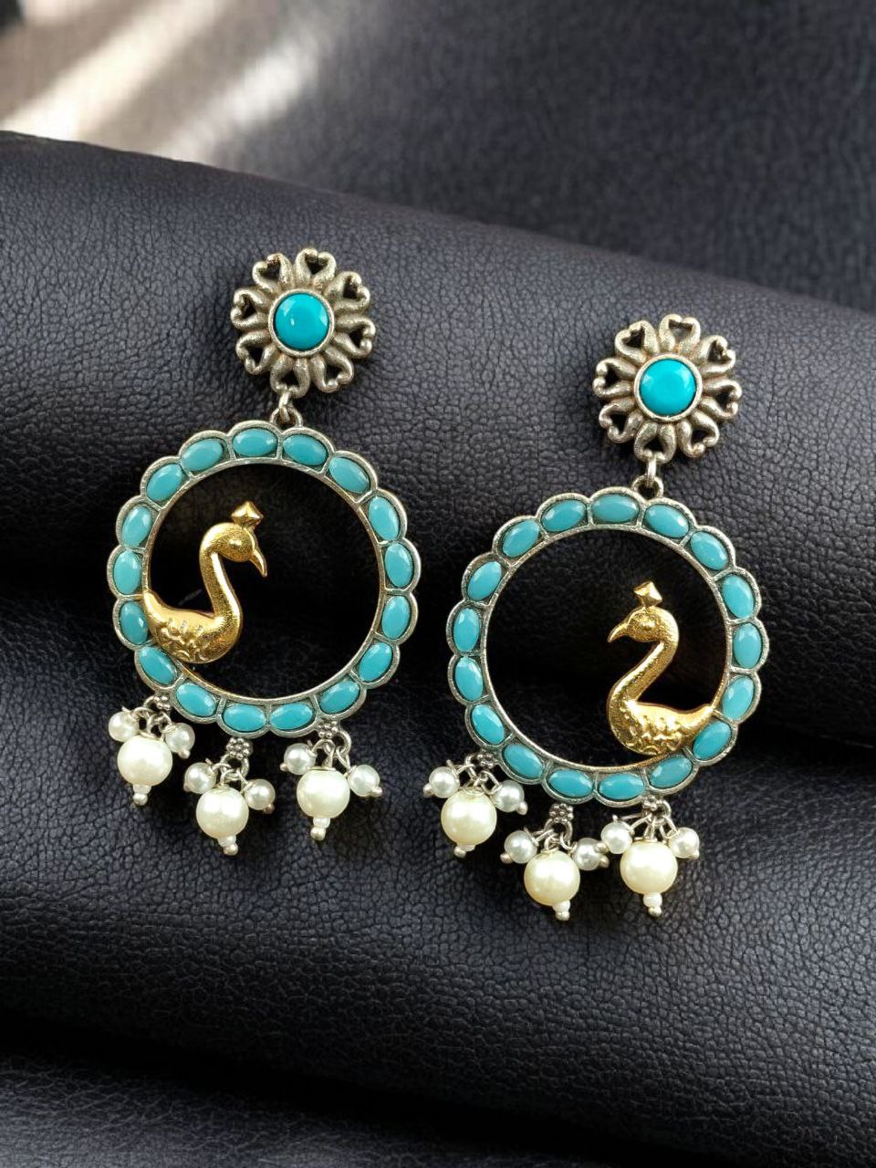 Traditional Two-Tone Bird Earrings | Circle Dangler Ethnic Jewelry with Stone & Pearl Work Perfect Gift For Her - Image 2