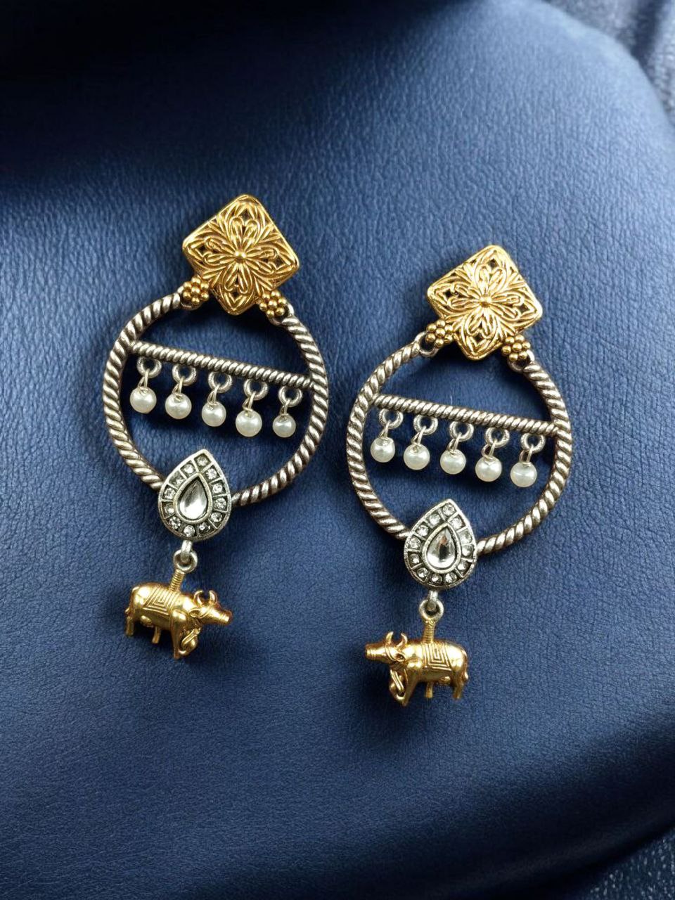 Ethnic Nandi Dangler Earrings | Two-Tone Circle Design with Stone & Pearl Work Unique Jewelry - Image 7