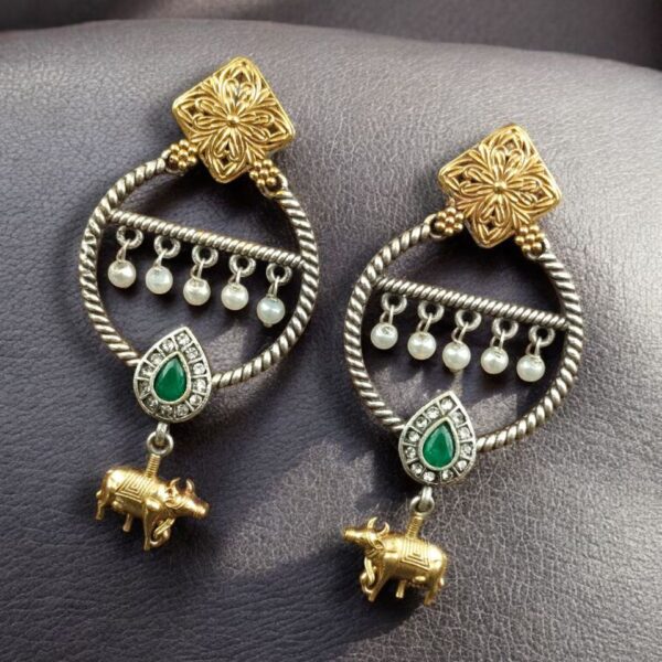 Ethnic Nandi Dangler Earrings | Two-Tone Circle Design with Stone & Pearl Work Unique Jewelry - "Green"