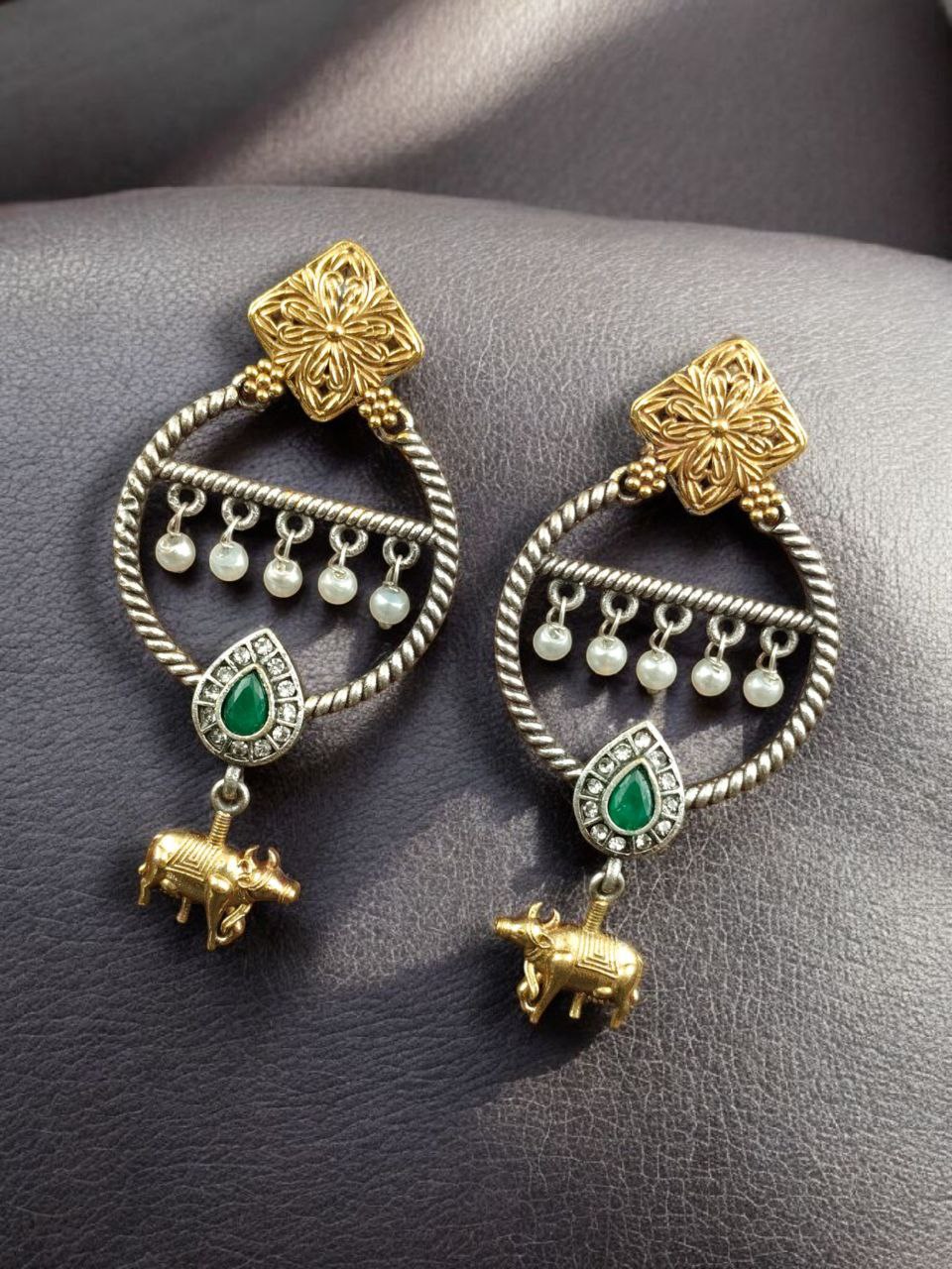 Ethnic Nandi Dangler Earrings | Two-Tone Circle Design with Stone & Pearl Work Unique Jewelry - Image 6