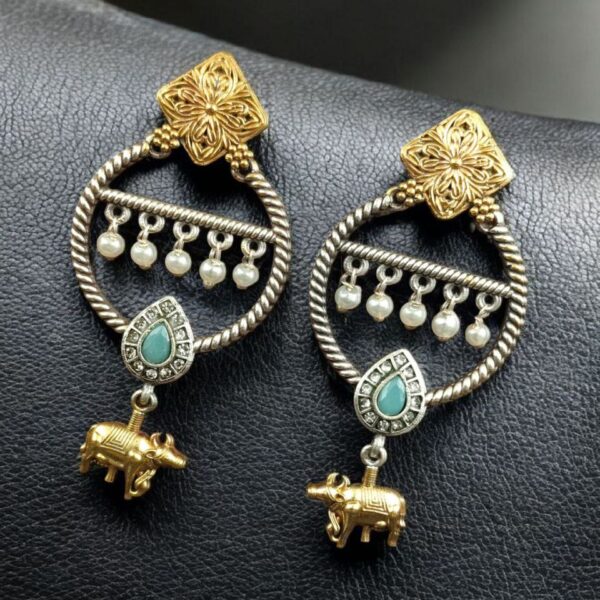 Ethnic Nandi Dangler Earrings | Two-Tone Circle Design with Stone & Pearl Work Unique Jewelry - "Mint"