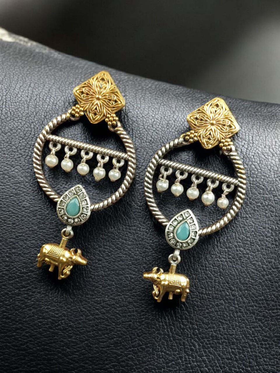 Ethnic Nandi Dangler Earrings | Two-Tone Circle Design with Stone & Pearl Work Unique Jewelry - Image 4