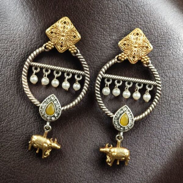 Ethnic Nandi Dangler Earrings | Two-Tone Circle Design with Stone & Pearl Work Unique Jewelry - "Yellow"