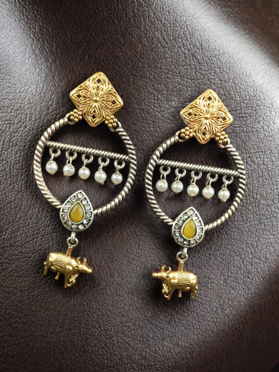 Ethnic Nandi Dangler Earrings | Two-Tone Circle Design with Stone & Pearl Work Unique Jewelry - Image 5