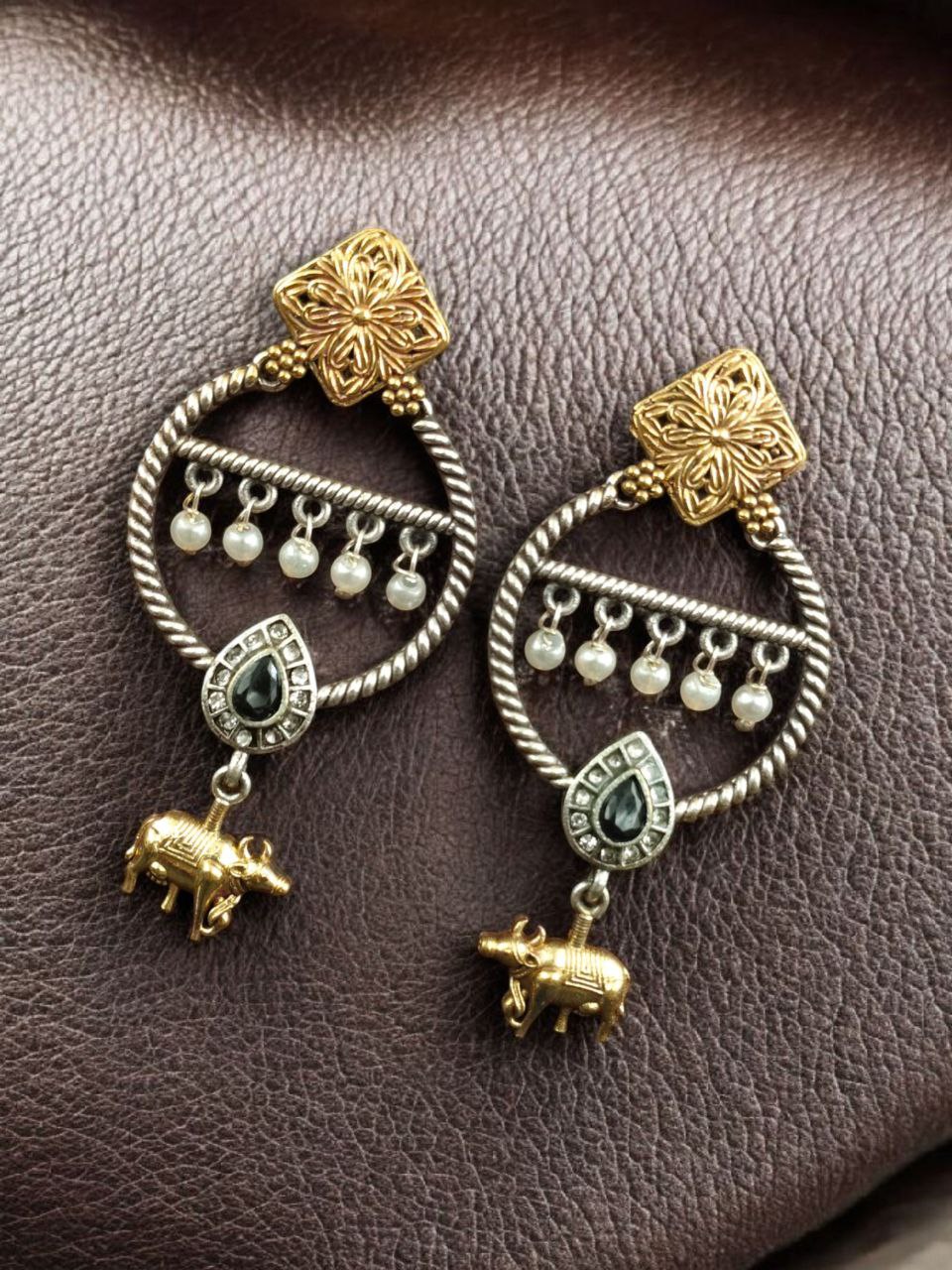 Ethnic Nandi Dangler Earrings | Two-Tone Circle Design with Stone & Pearl Work Unique Jewelry - Image 3