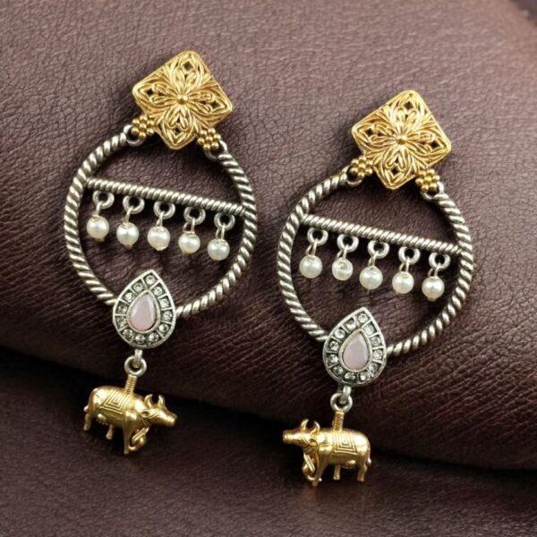 Ethnic Nandi Dangler Earrings | Two-Tone Circle Design with Stone & Pearl Work Unique Jewelry - "Baby Pink"