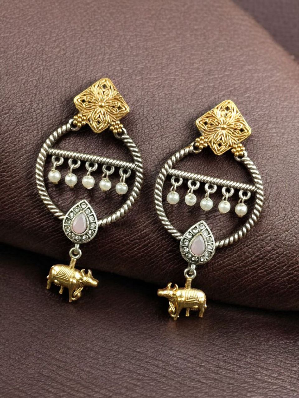Ethnic Nandi Dangler Earrings | Two-Tone Circle Design with Stone & Pearl Work Unique Jewelry - Image 9