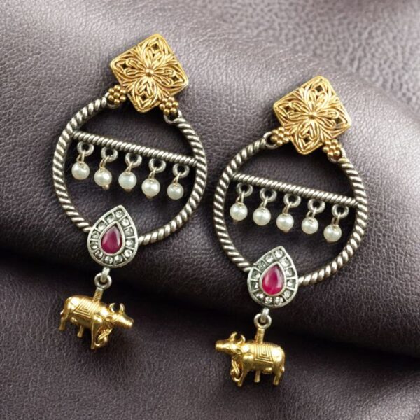 Ethnic Nandi Dangler Earrings | Two-Tone Circle Design with Stone & Pearl Work Unique Jewelry - "Red"