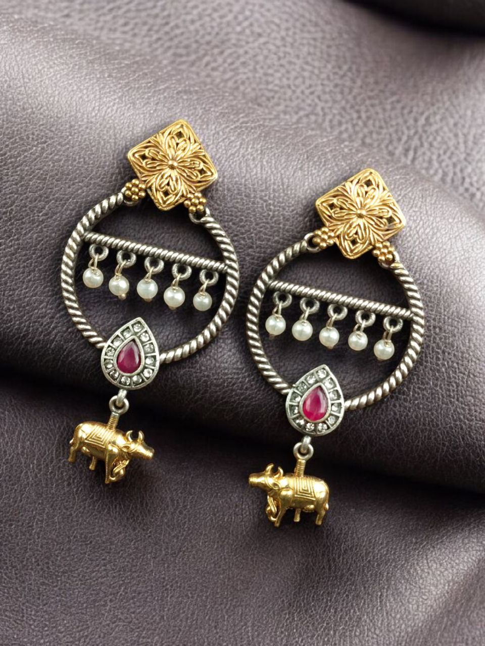 Ethnic Nandi Dangler Earrings | Two-Tone Circle Design with Stone & Pearl Work Unique Jewelry - Image 8