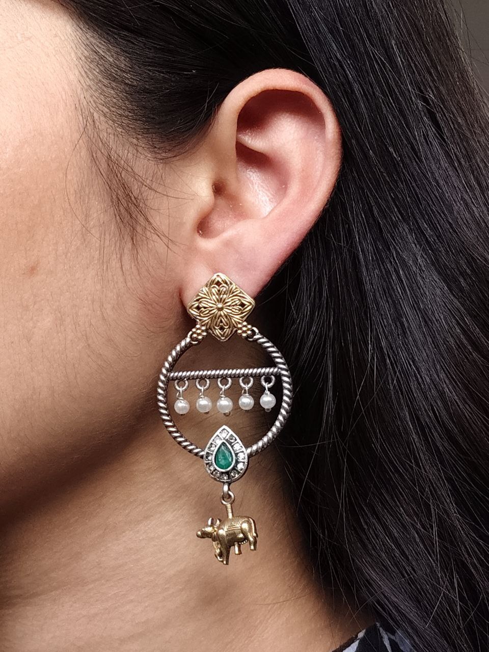 Ethnic Nandi Dangler Earrings | Two-Tone Circle Design with Stone & Pearl Work Unique Jewelry