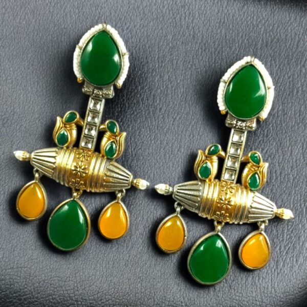 Designer Two-Tone Dangler Earrings | Monalisa Stone Lightweight Long Pearl Work Beautiful Jewelry - "Green-Yellow"